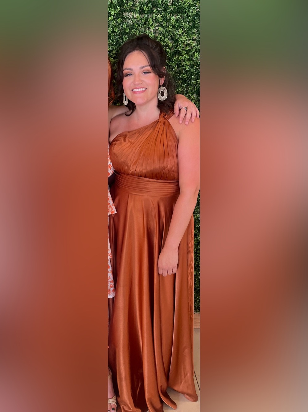 Azazie Charlize bridesmaid One-Shoulder Satin Gown in Copper metallic A18